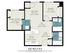 Chic floor plan showcasing a 2-bedroom apartment with spacious living room, modern kitchen, two bathrooms, and convenient laundry area. Total 589 sq. ft, 55 m2.