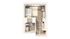 Compact and modern studio apartment floor plan with a cozy bedroom, efficient kitchen, and neatly appointed bathroom, ideal for urban living.