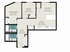 Modern floor plan highlighting a spacious layout with primary bedroom, additional bedroom, large kitchen, open living room, and two stylish bathrooms.