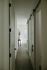 Inviting hallway with elegant sliding doors and stylish wooden flooring, leading to a bright room with a decorative plant and natural light.