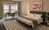 Elegant bedroom featuring a modern design with a cozy double bed, stylish artwork, a functional workspace, and ample natural light.