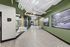 Modern apartment hallway featuring stylish green walls, overhead industrial piping, and vibrant artwork leading to a fitness facility.