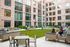 Vibrant apartment courtyard featuring modern outdoor seating, lush greenery, and a beautifully maintained grass area, perfect for relaxation and social gatherings.