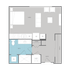 Modern studio apartment floor plan with open living area, compact kitchen, and stylish bathroom.