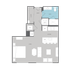 Modern studio apartment floor plan with an open living area, efficient kitchen, and a well-designed bathroom.