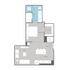 Modern floor plan featuring a spacious bedroom, open-concept living and kitchen area, and a sleek bathroom with washer/dryer unit.