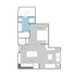 Modern apartment floor plan featuring a cozy bedroom, a stylish living area, and a well-equipped kitchen with island. Includes a bathroom, closet, and washer/dryer for convenience.