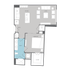 Contemporary floor plan featuring 1 bedroom, spacious kitchen, open living area, and modern bath for efficient urban living.