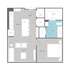Modern 1-bedroom apartment floor plan featuring an open-concept kitchen and living area, spacious bathroom, and ample closet space.