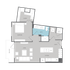 Modern 1-bedroom apartment floor plan featuring an open-concept living and kitchen area, spacious bathroom, and private balcony.