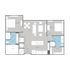 Modern 2D floor plan with 2 bedrooms, 2 bathrooms, an open-plan kitchen, and spacious living area featuring stylish design elements.