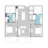 Modern 2D floor plan featuring 2 bedrooms, a spacious living area, and a sleek kitchen with a central island, complemented by two stylish bathrooms and a generous balcony.