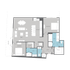 Modern floor plan showcasing 2 spacious bedrooms, a sleek open-plan living and dining area, and a well-equipped kitchen with a large island, complete with a balcony and two stylish bathrooms.