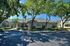 Charming apartment complex surrounded by lush trees, featuring a quaint rental office under the serene blue sky.