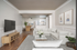 Modern open-plan living room with a cozy gray sofa, elegant wooden furniture, and a chic dining area leading to a stylish kitchen. Ideal for comfort and style.