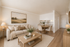 Charming apartment interior featuring a cozy living room with a plush beige sofa, elegant decor, and a round dining table near the modern kitchen.