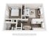 3D floor plan of a one-bedroom apartment with an open-concept living room, kitchen, and modern bathroom layout.