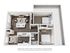 Elegant 3D floor plan of an urban apartment featuring two bedrooms, an open living area, and a modern kitchen.
