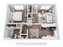 Detailed 3D floor plan featuring one bedroom, a bright living area, modern kitchen, and bathroom.