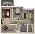Inviting 2D apartment floor plan featuring two cozy bedrooms, a modern kitchen, elegant living room, and private balcony space, perfect for relaxing evenings.