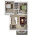 Modern floor plan showcasing 2 bedrooms, cozy open living area, sleek kitchen, and stylish balcony.