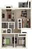 Chic 3D floor plan showcasing 2 cozy bedrooms, a modern kitchen, bright living area, and a stylish dining space with a charming balcony.