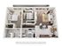 Modern 3D floor plan showcasing 2 spacious bedrooms, a cozy living area with a fireplace, and a sleek kitchen with an island counter.