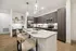 Modern kitchen with sleek dark wood cabinets, stainless steel appliances, and a stylish island with seating for three, highlighted by elegant pendant lighting.