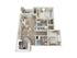 Modern 3D apartment floor plan with two bedrooms, two bathrooms, an open kitchen with island, dining area, and cozy living room leading to a balcony.