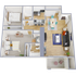 Vibrant floor plan displaying a stylish 2-bedroom apartment with open living space and modern kitchen.