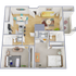 Contemporary 2D floor plan with 2 bedrooms, an open kitchen-dining area, and a bright living room.
