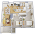Contemporary 3D floor plan depicting 2 bedrooms, an inviting living room, and a modern kitchen.