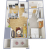 Modern floor plan highlighting a cozy bedroom, open kitchen with breakfast bar, and welcoming living room.