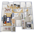 Modern 2D floor plan showcasing a 2-bedroom apartment with an open-concept living area, stylish dining space, and efficiently designed kitchen.