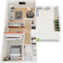 Inviting 3D floor plan showcasing a cozy one-bedroom apartment with an open-concept living room, modern kitchen, and a spacious patio for outdoor relaxation.