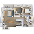 3D floor plan showcasing a chic apartment layout with 2 bedrooms, an open living-dining area, modern kitchen, bathroom, and a cozy outdoor balcony.