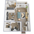 3D apartment floor plan with one bedroom, open living room, kitchen, and bathroom, featuring modern furniture.