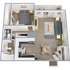 Three-dimensional floor plan of a stylish one-bedroom apartment featuring an open-concept living room and kitchen area.