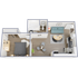 Compact and modern floor plan showcasing a 1-bedroom apartment with an open living area and kitchen.