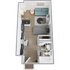 3D floor plan of a modern studio apartment with open living area, compact kitchen, and bathroom.