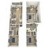 3D floor plan displaying a two-story design with multiple bedrooms, open living spaces, and cozy outdoor areas.