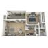 3D floor plan illustrating one-bedroom apartment with an open living area, kitchen, and balcony.