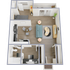 Floor plan illustrating a contemporary apartment with a spacious living room, open kitchen, cozy bedroom, and bathroom.