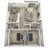 3D floor plan of an elegant apartment with 2 bedrooms, a cozy living area, and modern kitchen.