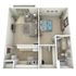 3D floor plan highlighting a cozy apartment with one bedroom, an inviting living area, a sleek kitchen, and a modern bathroom.