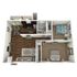 3D floor plan showcasing a modern apartment with two bedrooms, open-concept living area, and sleek kitchen.