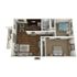 Sleek 3D apartment floor plan with two bedrooms, open living area, and modern kitchen.
