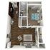3D floor plan of a one-bedroom apartment with a modern living room and compact kitchen.