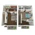 3D floor plan of a two-level apartment featuring an open living area, modern kitchen, bedroom, and two balconies.