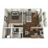 3D floor plan highlighting a modern one-bedroom apartment with an open-plan living room and kitchen.